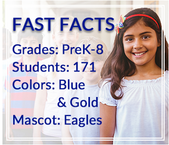 Fast Facts: Grades: PreK-8, Students: 183, Colors: Blue & Gold, Mascot: Eagles