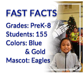 Student next to an adult dressed as in a skeleton costume and Christmas hat with words Fast Facts: Grades prek-8th, Students: 155, Colors: blue and Gold; Mascot: eagles.